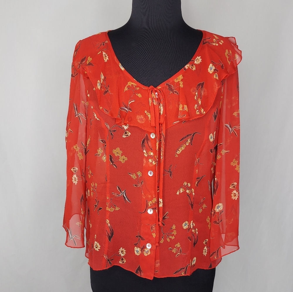 Tess Silk Ruffle Button Bow Tie Blouse Women 10 Sheer Red Floral Romantic 80s